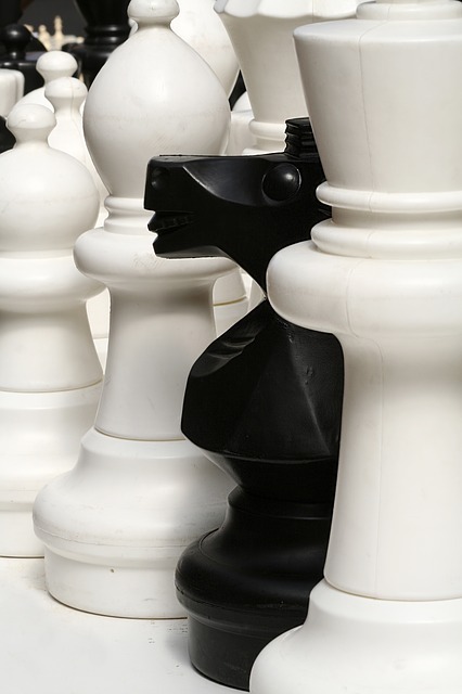Close up of black and white chess pieces