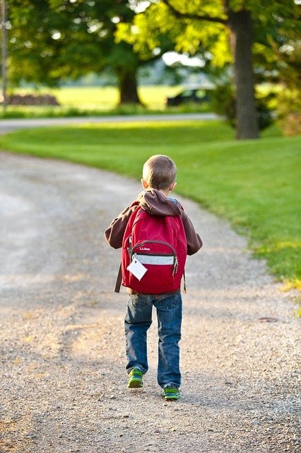 Schoolboy walking away with a backpack on