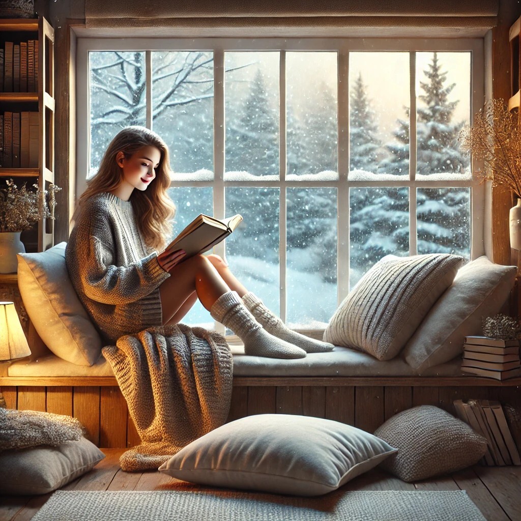 Young child reading in Winter