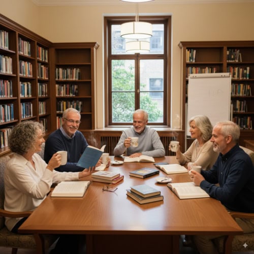 Book Group Sitting At A Table Drinking Tea Generated Image August 30, 2025 3 32pm Book Group Sitting At A Table Drinking Tea Generated Image August 30, 2025 3 32pm