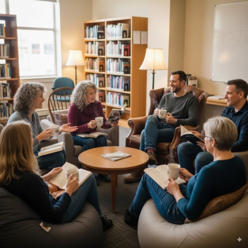 Book Group Sitting In Comfy Seats Drinking Tea Generated Image August 30, 2025 3 40pm Book Group Sitting In Comfy Seats Drinking Tea Generated Image August 30, 2025 3 40pm